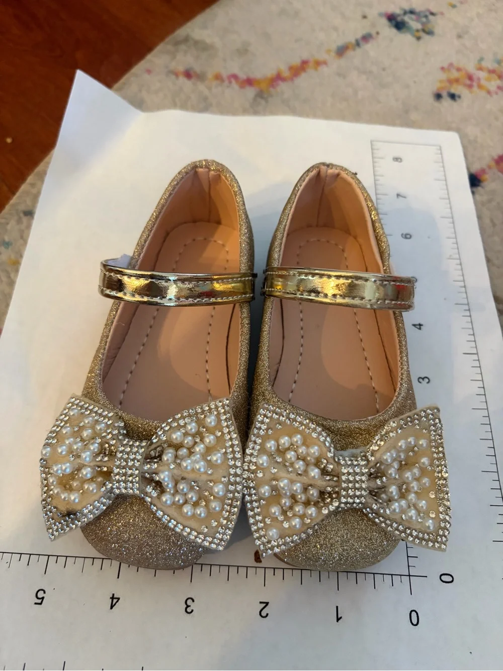 Girls Gold Pearl Bow Mary Jane Flats 5.5